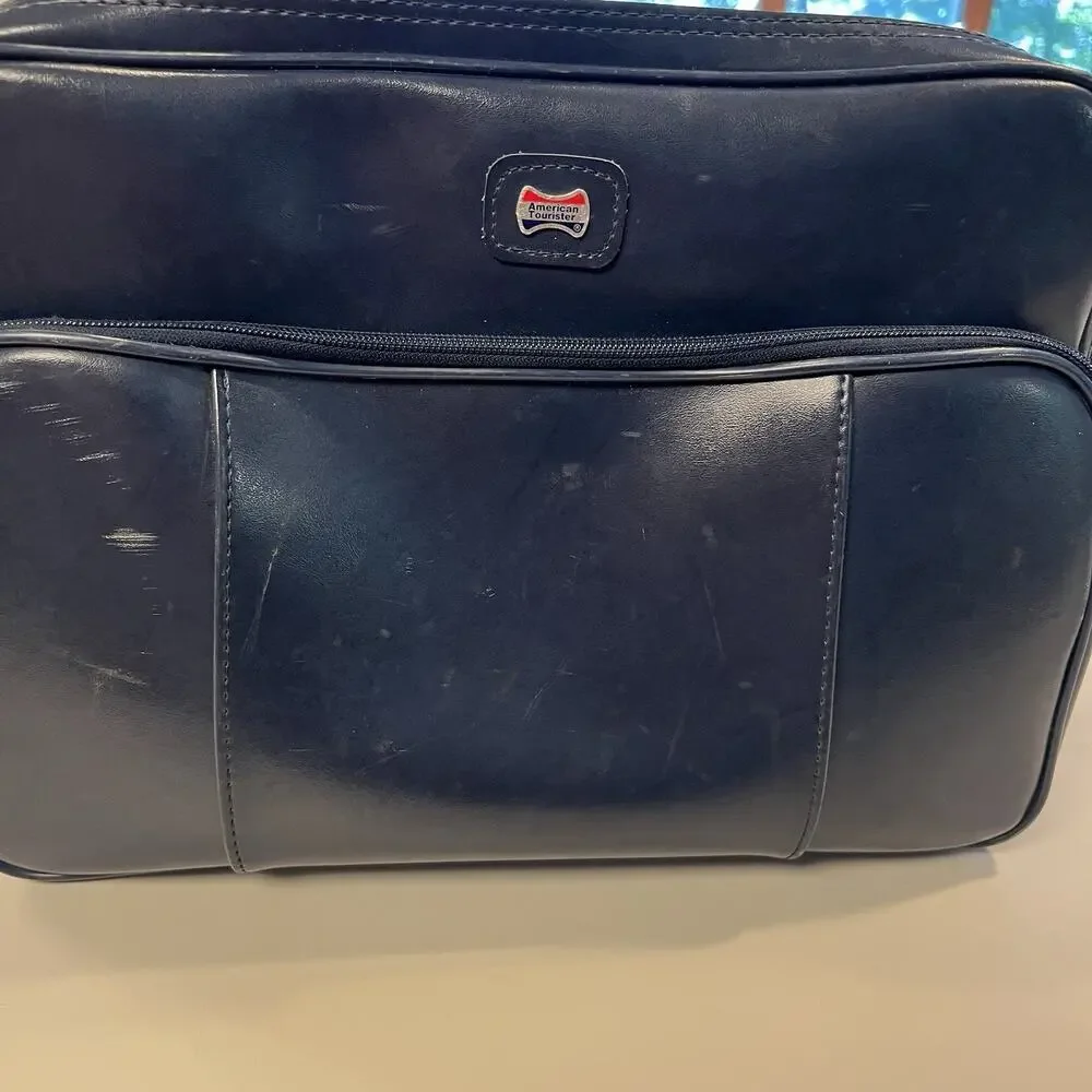 American Tourister Navy Blue Carry On Overnight Bag Luggage Vintage Retro MCM